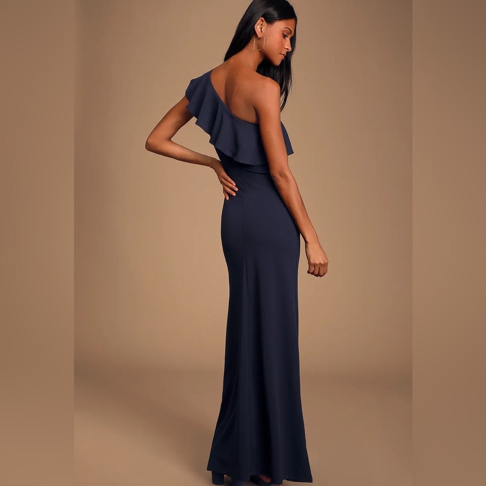 Lulu’s Last Forever One Shoulder Ruffle Navy Blue Dress